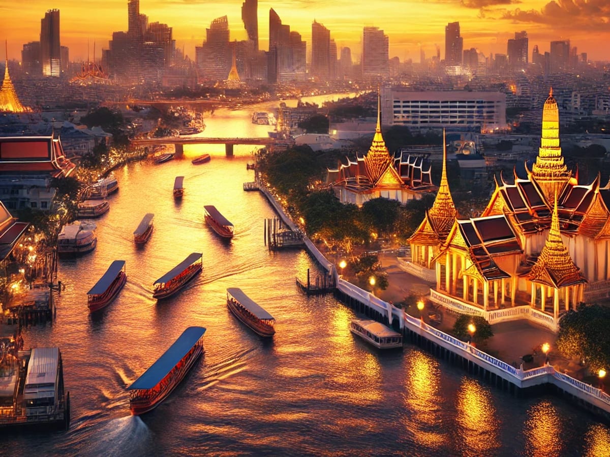 Bangkok au coucher du soleil, temples dorés au bord du fleuve