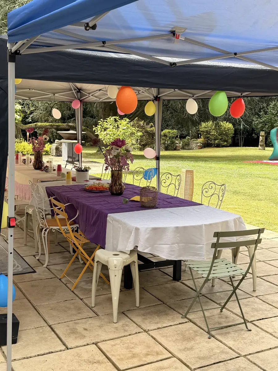 Barnum et tables dressées pour une fête de famille au jardin — Chana Thai à Versailles