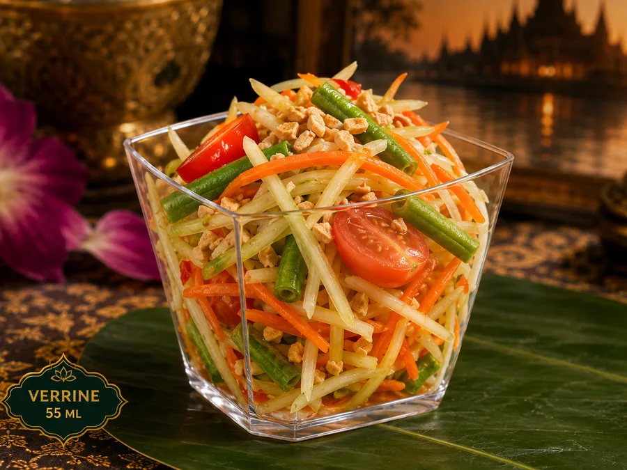 Verrine de som tam, salade de papaye verte et cacahuètes concassées