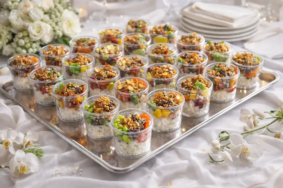 Verrines thaïes dressées sur nappe blanche pour un cocktail